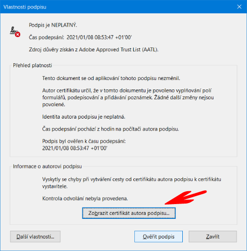 Acrobat Reader DC - vlastnosti podpisu